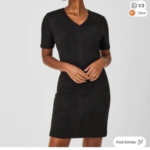 Spanx faux suede column dress black v-neck short sleeves Size L